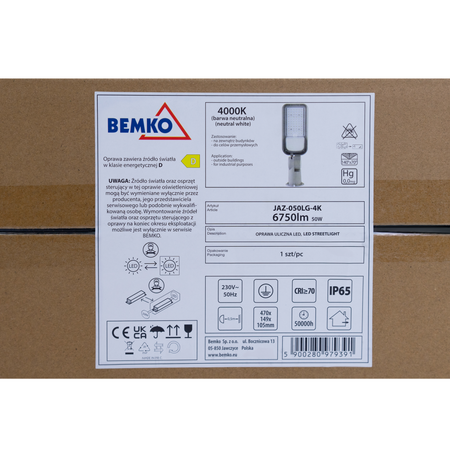 Oprawa uliczna LED JAZMIN 50W 4000K 6750LM IP65 jasnoszara C82-JAZ-050LG-4K