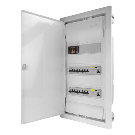 Rozdzielnica modułowa podtynkowa 3x12 zabezpieczona 14xMCB 1xRCCB VDE  ogranicznik przepięć Saltek okablowana skrzynka elektryczna Hager 630,50x348x98mm zaciski rozgałęźne L1, L2, L3, N, PE Doktorvolt DV-6241-PT