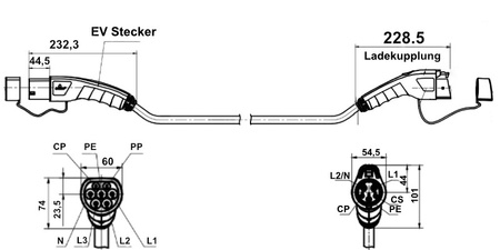 Adapter do ładowania samochodów elektrycznych Typ 1 / Typ 2 230V 32A 7.3kW 5m IP54 3268