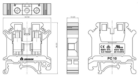 Złączka szynowa przelotowa niebieska śrubowa 10mm2 1P VDE UL PC10-01P-12-00A(H)
