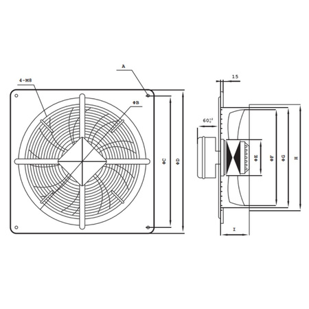 Wentylator osiowy w kwadratowej obudowie ⌀200mm 780m³/h 55W Reventon 5901