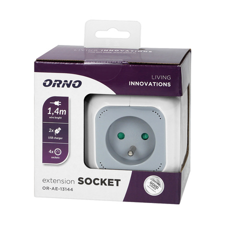 Przedłużacz 4 krotny 2P+Z. ładowarka 2xUSB. 1.4m H05VV-F 3x1mm2. szaro-biały OR-AE-13144