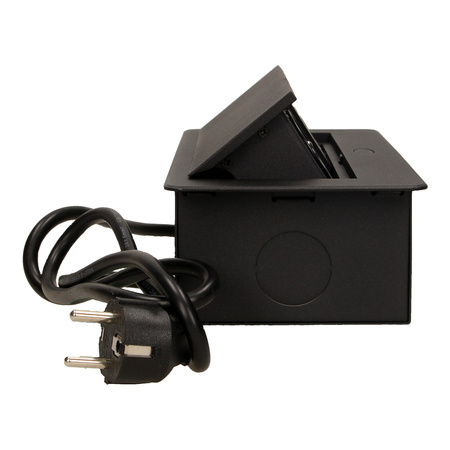 Gniazdo meblowe wpuszczane w blat z płaskim frezowanym rantem. ładowarką USB i przewodem 1.5m. 2x2P+Z. 2xUSB. czarne OR-AE-13126/B