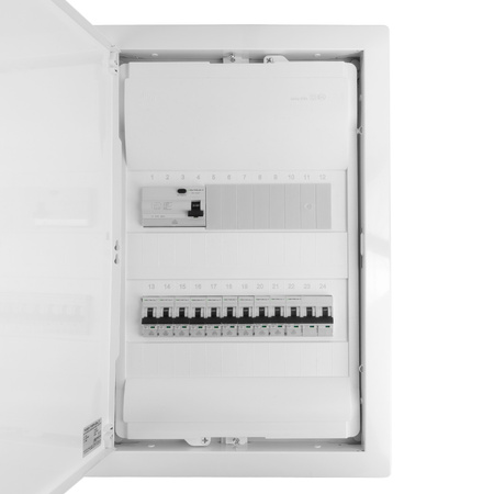 Rozdzielnica modułowa podtynkowa 2x12 zabezpieczona 10xMCB 1xRCCB VDE  okablowana skrzynka elektryczna Hager 505,50x348x98mm zaciski rozgałęźne L1, L2, L3, N, PE Doktorvolt DV-6227-PT