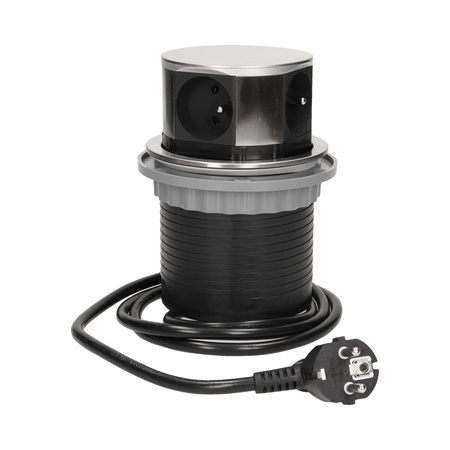 Gniazdo meblowe Ø10cm wysuwane z blatu z ładowarką USB i przewodem 1.5m. 3x2P+Z. 2xUSB. INOX OR-AE-1381