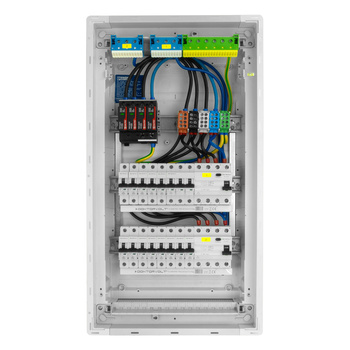 Rozdzielnica modułowa podtynkowa 3x12 zabezpieczona 14xMCB 1xRCCB VDE ogranicznik przepięć Saltek okablowana skrzynka elektryczna Hager 630,50x348x98mm zaciski rozgałęźne L1, L2, L3, N, PE Doktorvolt DV-6241-PT