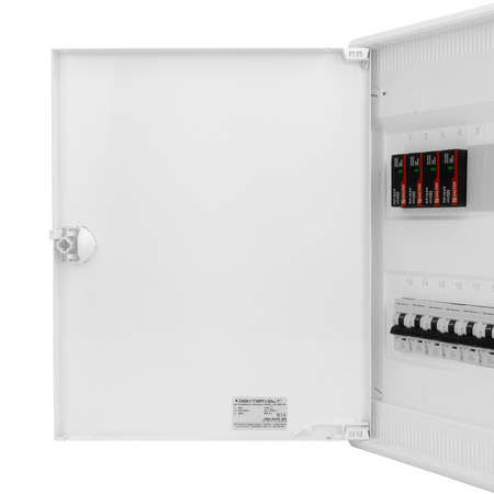 Rozdzielnica modułowa natynkowa 2x12 zabezpieczona 8xMCB 1xRCCB VDE ogranicznik przepięć Saltek okablowana skrzynka elektryczna Hager 370x305x96,5mm zaciski rozgałęźne L1, L2, L3, N, PE Doktorvolt DV-6302-NT