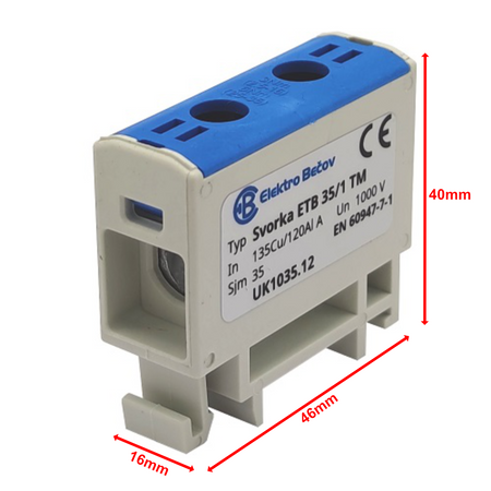 Złączka szynowa uniwersalna ETB 35/1 Al/Cu elektryczna śrubowa 2 otwory do kabli Elektro Becov UK1035.12