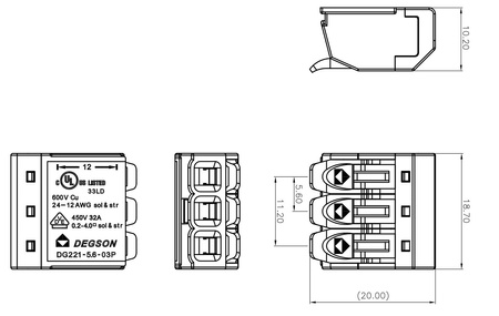 Szybkozłączka instalacyjna 3x0.2-4.0 mm² VDE UL 450V 32A DGN 1 sztuka 100 sztuk DG221-5.6-03P-17-00A