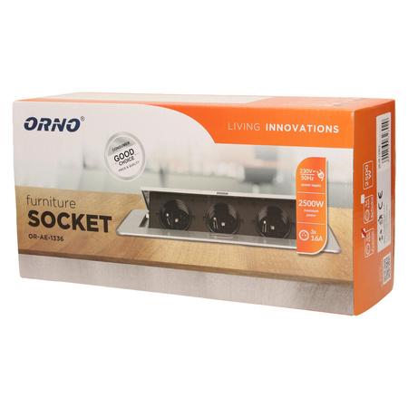 Gniazdo meblowe wpuszczane w blat z płaskim. frezowanym rantem. 3x2P+Z. złote OR-AE-1336/C