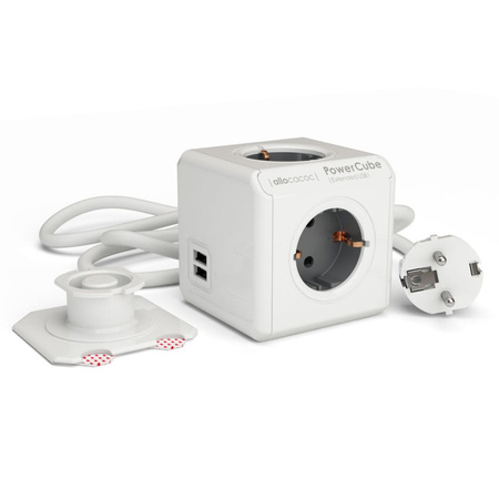 Allocacoc listwa zasilająca kostka PowerCube Extended 4x250V Schuko 2xUSB przedłużacz 1,5 m 1402GN/DEEUPC