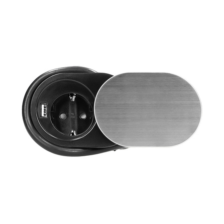 Gniazdo meblowe Ø6cm. wpuszczane w blat z przesuwną pokrywką. ładowarką USB i przewodem 1.9m. 1x2P+Z. 1xUSB (2.4A).... OR-AE-13124(GS)