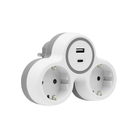 Rozgałęźnik wtyczkowy 2x gniazdo 230V Schuko 2x USB szaro-biały W-72010