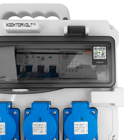 Rozdzielnica budowlana 3x16A 2x32A CEE 4x230V z uchwytem i wtyczką tablicową Doktorvolt DV-5053-D TR-S/FI 