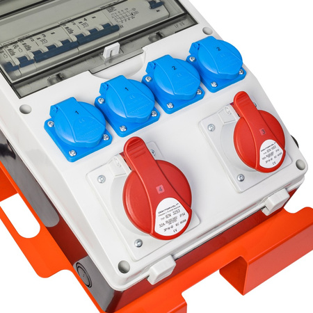 Rozdzielnica budowlana na stojaku zabezpieczona SET-S/FI przenośna z gniazdami 16A 32A CEE MENNEKES 4x230V rozdzielnia elektryczna na budowę skrzynka elektryczna z zabezpieczeniem Schuko Doktorvolt DV-0126-D