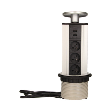 Gniazdo meblowe Ø10cm wysuwane z blatu z ładowarką USB i przewodem 1.8m. 3x2P+Z. 2xUSB OR-AE-1353
