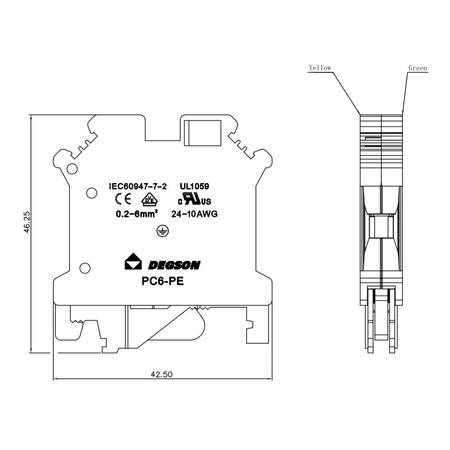 Złączka szynowa przelotowa żółto-zielona PE śrubowa 6mm2 1P VDE UL PC6-PE-01P-1Y-00A(H)