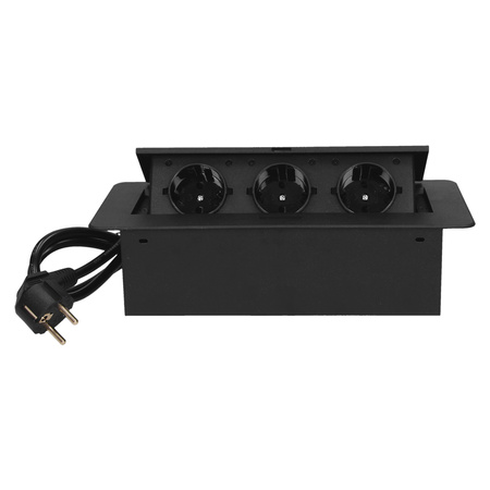 Gniazdo meblowe wpuszczane w blat z płaskim frezowanym rantem i przewodem 1.5m. 3x2P+Z. czarne. wersja schuko OR-AE-1337/B(GS)