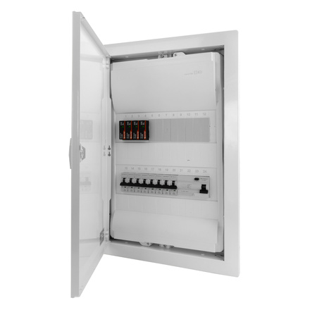 Rozdzielnica modułowa podtynkowa 2x12 zabezpieczona 8xMCB 1xRCCB VDE ogranicznik przepięć Saltek okablowana skrzynka elektryczna Hager 505,50x348x98mm zaciski rozgałęźne Doktorvolt DV-6203-PT