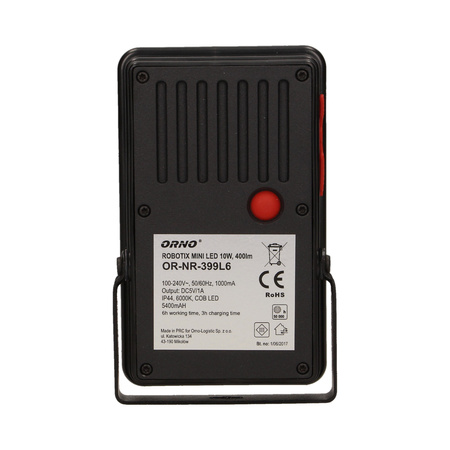 ROBOTIX MINI 10W naświetlacz roboczy z akumulatorem. 400lm. IP44. 6000K. 5400mAh. z ładowarką USB i funkcją power bank OR-NR-399L6