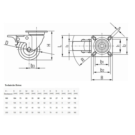 Koło obrotowe skrętne stalowe/gumowe z hamulcem 100/125/160 lub 200 mm G71519