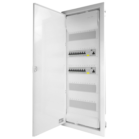 Rozdzielnica modułowa podtynkowa 5x12 zabezpieczona 14xMCB 2xRCCB VDE okablowana skrzynka elektryczna Hager 880,50x348x94,5mm zaciski rozgałęźne L1, L2, L3, N, PE Doktorvolt DV-6272-PT