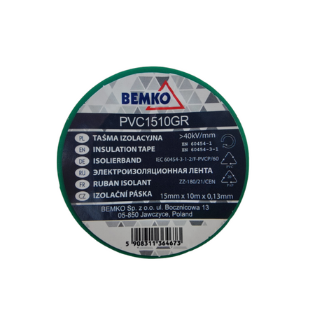 Taśma izolacyjna zielona 15x10m Bemko E30-PVC1510GR