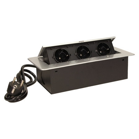 Gniazdo meblowe wpuszczane w blat z płaskim frezowanym rantem i przewodem 1.5m. 3x2P+Z. srebrne. wersja schuko OR-AE-1337/G(GS)