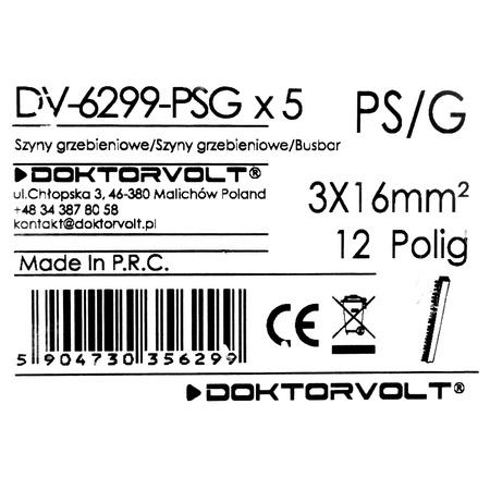 Szyna łączeniowa grzebieniowa PS/G 3-fazowa 12-modułowa 16mm2 100A DV-6299-PSG