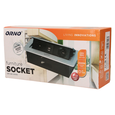 Gniazdo meblowe wpuszczane w blat z płaskim frezowanym rantem i ładowarką USB. 2x2P+Z. 2xUSB. srebrny OR-AE-13109/G