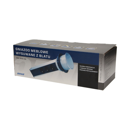 Gniazdo meblowe Ø8cm wysuwane z blatu z przewodem 1.8m. 3x2P+Z. INOX OR-AE-1356
