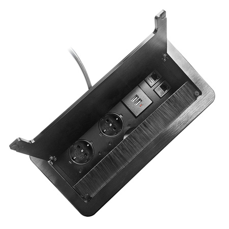 Gniazdo meblowe wpuszczane w blat z płaskim frezowanym rantem. szczotką przeciwkurzową. ładowarką USB i przewodem 1.5m.... OR-AE-13125/B(GS)