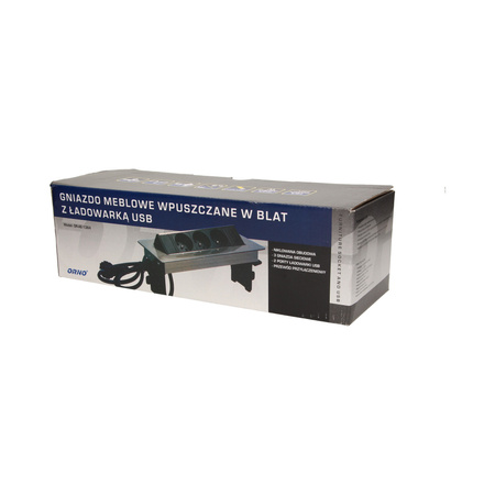 Gniazdo meblowe wpuszczane w blat w niklowanej obudowie z łądowarką USB i przewodem 1.8m. 3x2P+Z. 2xUSB OR-AE-1364