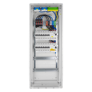 Rozdzielnica modułowa podtynkowa 5x12 zabezpieczona 14xMCB 2xRCCB VDE  okablowana skrzynka elektryczna Hager 880,50x348x94,5mm zaciski rozgałęźne L1, L2, L3, N, PE Doktorvolt DV-6289-PT