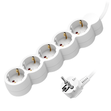 Przedłużacz 5-krotny 2P+Z (schuko). 5m H05VV-F 3x1.0mm2. Imax 10A. biały ORAE13149(GS)/W/5M