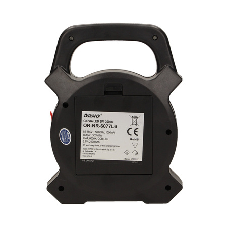 GIOVIA LED 5W naświetlacz roboczy z akumulatorem. 300lm. IP44. 6000K. 2x1200mAh. z ładowarką USB i funkcją power bank OR-NR-6077L6