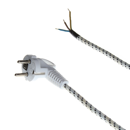 Przewód przyłączeniowy PP-S-15 H03RT-F 1,5m 3x0,75 mm² z wtyczką kątową Uni-Schuko 250V 16A w oplocie biało-czarny T-07280