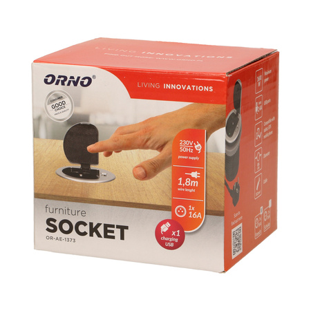 Gniazdo meblowe Ø6cm wpuszczane w blat z pokrywką. ładowarką USB i przewodem 1.8m. 1x2P+Z. 1xUSB OR-AE-1373