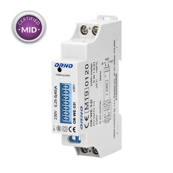 1-fazowy licznik energii elektrycznej. 40A. MID. wyjście impulsowe. podświetlenie. 1 moduł. DIN TH-35mm OR-WE-521