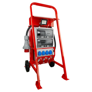 Rozdzielnica budowlana na stojaku z naświetlaczem eXT S/FI SET przenośna z gniazdami 32A 2x16A CEE MENNEKES 4x230V schuko rozdzielnia elektryczna na budowę skrzynka elektryczna Doktorvolt DV-0027-D