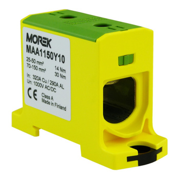 Złączka szynowa 25-150mm2 2otw AL/CU TH35 żółtozielona 1P OTL 150 MOREK 7158 MAA1150Y10