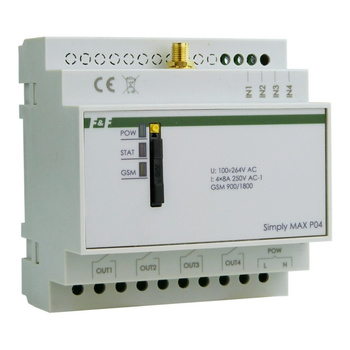 Przekaźnik zdalnego sterowania GSM Sterowanie SMS ON/OFF/Alarm 4x Wejście 4x Wyjście SIMply MAX P04 F&F SIMPLY MAX-P04